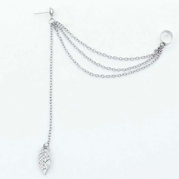NEW Leaf Chain Earring Cuff Silver Color - Picture 2 of 3